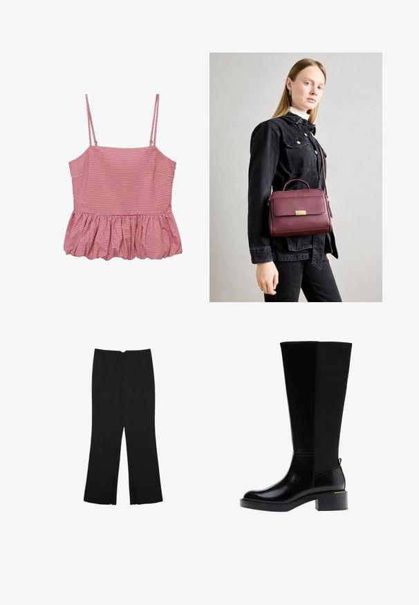 Red and white gingham patterned camisole with thin straps, a fitted bodice, and a ruffled hemline. Made from lightweight fabric.; Black trousers with a straight fit, featuring front pockets and side slits at the hem. Made of soft, smooth fabric. Suitable for various occasions.; Black knee-high boot with a smooth leather finish, prominent stitching, a chunky heel, and a textured back panel for added interest.; Burgundy leather handbag with gold clasp, structured shape, top handle, and adjustable shoulder strap. Model wears a denim jacket.