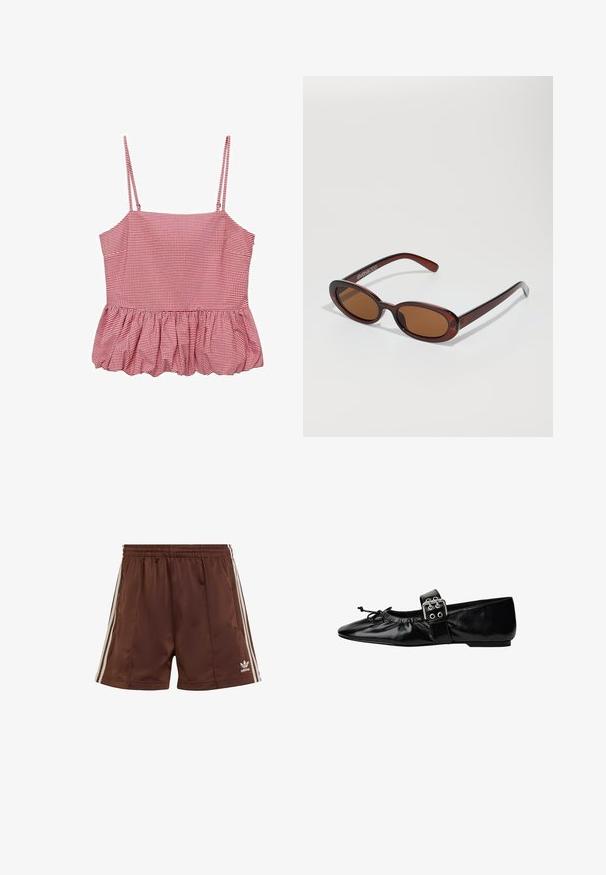 Röd och vit rutigt mönstrad topp med tunna axelband, en figurnära bodice och en volangkant. Tillverkad av lättgående tyg.; Bruna sportshorts gjorda av mjuk tyg med en avslappnad passform, med vita sidolinjer och en broderad logotyp på den nedre vänstra fållen.; Svart läderballettklack med spetsig tå, med en spännestraps och rynkad detaljer på framfoten. Platt sula, slät textur.; Runda, bruntonade solglasögon med en glansig bordeauxfärgad ram. Smala bågar med subtilt varumärkesdetalj. Platt linsdesign.