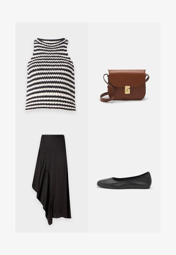 Mustvalge triibuline ilma varrukateta topp, millel on ümmargune kaelus ja struktureeritud kudum, millel on ribakujuline äär.; AERON ASTER SKIRT - Pliiatsseelik - black; Musthave mustika tantsutossud mustast nahast, ümmarguse varbaga, siledast tekstuurist, minimaalse õmblusdetailiga ja paindliku tallakujundusega.; Pruunist nahast käekott, millel on klapiga sulgur, kuldne riistvara, õlarihm ja sile tekstuur. Kompaktne ristkülikukujuline vorm.
