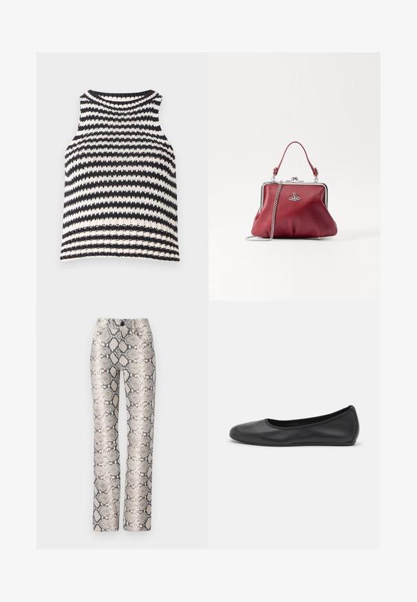 Black and white striped sleeveless top, featuring a round neckline and textured knit fabric with a ribbed hem.; Snake-print trousers in a beige and gray color scheme. Straight-leg design with a textured finish and front pockets. Features a button closure.; Black leather ballet flat with a rounded toe, smooth texture, minimal stitching detail, and a flexible sole design.; Red leather handbag with a silver chain strap, rounded shape, pleated design, and a metal clasp at the top. Embellished with a logo detail.