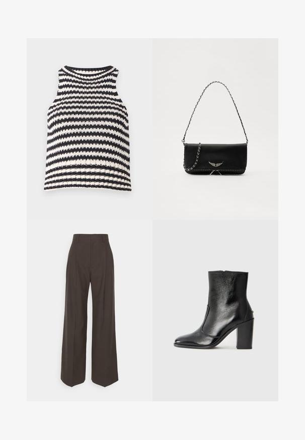 Black and white striped sleeveless top, featuring a round neckline and textured knit fabric with a ribbed hem.; Dark brown wide-leg trousers with a high waist, featuring neatly pressed creases, smooth texture, and a tailored fit.; Black leather ankle boot with a smooth texture, pointed toe, and a chunky high heel. Features a side opening and minimalistic design.; Black leather handbag with a silver chain strap, featuring decorative wing accents and white stitching along the bottom seam.