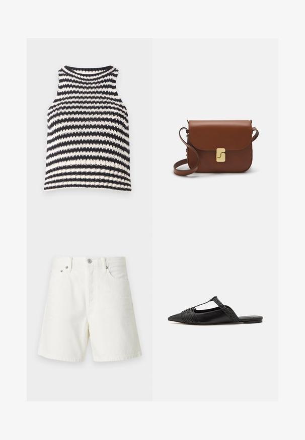 Svart och vit randig ärmlös topp, med rund halsringning och texturerad stickad tyg med ribbat avslut.; Vita denimshorts med rak skärning, femficksdesign, framknäppning, silverfärgad hårdvara och sydda detaljer.; Svart läderslingback-sko med spetsig tå, med en vävd detalj och plisserad överdel. Platt sula med minimal hårdvara.; Brun läderhandväska med klaffstängning, guldfärgad hårdvara, axelrem och en slät yta. Kompakt rektangulär form.