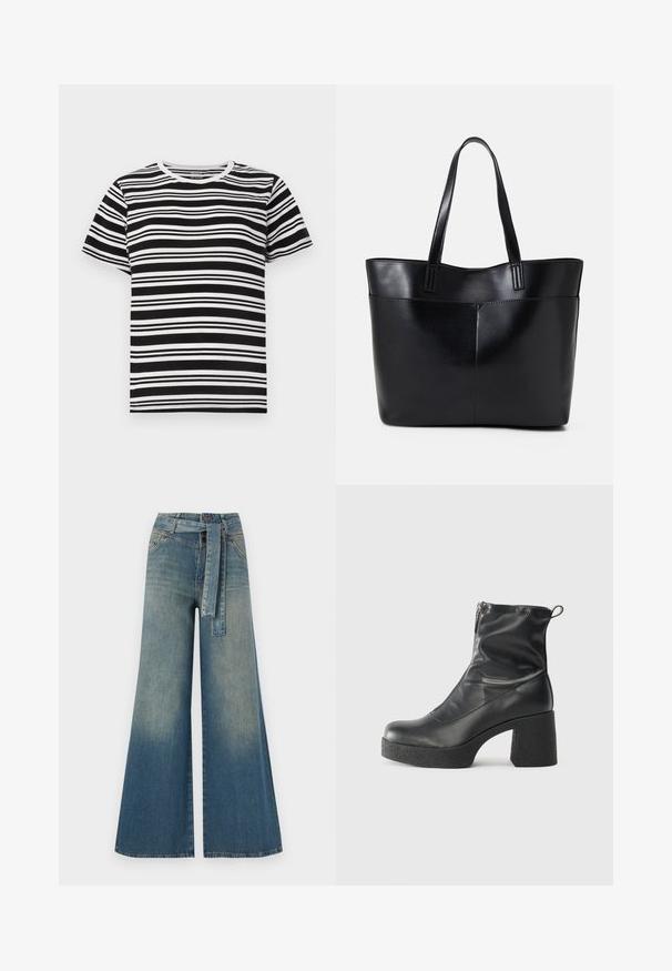 Black and white short-sleeve t-shirt featuring horizontal stripes of varying widths and a classic round neckline. Soft cotton fabric.; Wide-leg denim trousers featuring a light to dark blue gradient, high waist, belt loops, and a matching fabric belt. Textured denim finish.; Black ankle boots made of smooth leather, featuring a side zipper, chunky textured heel, and rounded toe design.; Black leather tote bag with two long handles, a smooth texture, and a structured shape. Features a front pocket for additional storage.
