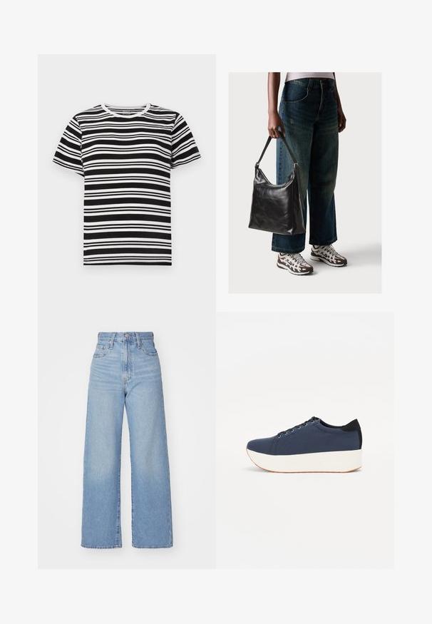 Camiseta de manga corta en blanco y negro con rayas horizontales de diferentes anchos y un clásico cuello redondo. Tejido de algodón suave.; Jeans de tiro alto y pernera ancha en azul claro, con cierre frontal de botón y cremallera, y bolsillos delantero y trasero, sobre un fondo blanco.; Zapatilla de color azul marino con parte superior de tejido texturizado, suela de plataforma blanca, punta redondeada y acento en el talón negro. Cuenta con seis ojales para los cordones.; Bolso de hombro de cuero negro con una textura suave y correa ajustable, combinado con jeans de pierna ancha desgatados y zapatillas deportivas.