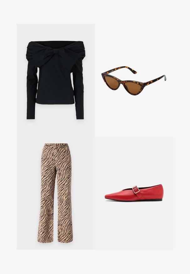 Čierny top bez ramienok s dlhými rukávmi, s veľkým mašľovým detailom pri výstrihu a hladkou, textúrovanou tkaninou.; Široké nohavice s tigrovým pruhom v odtieňoch hnedej a čiernej, s klasickým pásom a dizajnom s piatimi vreckami.; Červená kožená balerína s špicatou špičkou, vybavená bočným popruhom s kovovou prackou a nízkym čiernym podpätkom. Hladká textura po celom povrchu.; Mačacie slnečné okuliare s čiernym a oranžovým želvovinovým rámom, hnedými sklami a elegantnými, špicatými koncami. Obsahujú minimalistické logo na spánku.