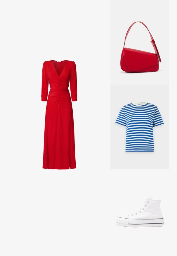 Zils un balts svītrots t-krekls, īsām piedurknēm, apaļš kakls, izgatavots no kokvilnas, ar vienmērīgām horizontālām svītrām un mīkstu tekstūru.; Sarkana kleita ar V veida kakla izgriezumu, trīs ceturtdaļu piedurknēm un ruched detaļām viduklī un mugurā. Audums izskatās gluds un viegls.; Balti augstie kanvas sporta apavi ar melnu gumijas zoli, priekšējo gumijas purngalu un sešām acīm lencēm, kuriem ir tīrs, minimālistisks dizains.; Sarkans ādas rokassomi ar stūrainu, ģeometrisku dizainu. Iekļauj vienu regulējamu siksnu un vāku ar izšūtu detaļu.