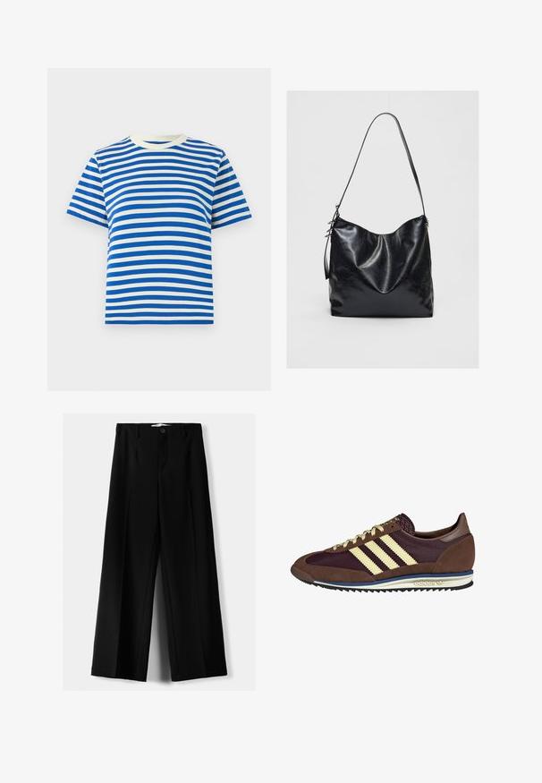 Modra in bela črtasta majica, kratki rokavi, okrogla ovratnica, izdelana iz bombaža, z enakomerno horizontalno črto in mehko teksturo.; Črne široke hlače iz lahkega materiala, z zapiranjem na gumb spredaj in ravnim sprednjim delom, s skrbno zašiti robovi.; Rjavi in rdeče-burgundske teniske iz usnja in mrežastega materiala, ki imajo tri smetane stripe, teksturirano blago na jeziku in gumijast podplat.; Črna usnjena torba za ramo z mehko, teksturirano površino. Ima ukrivljen dizajn in en sam nastavljiv trak. Brez dodatne opreme.
