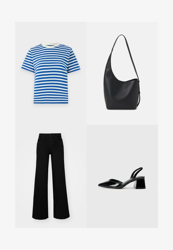 Blå och vit randig t-shirt, korta ärmar, rund hals, tillverkad av bomull, med jämna horisontella ränder och en mjuk textur.; Svarta vida byxor i denim, med en strukturerad midja, bältesöglor och framfickor. Slät textur med en klassisk design.; Svarta lackläder slingback klackar med spetsig tå och geometrisk klack. Har en elegant, minimalistisk design och slät yta.; Svart läder hobo-väska med en slät textur, kurvig form och en justerbar axelrem; har en bred öppning upptill.