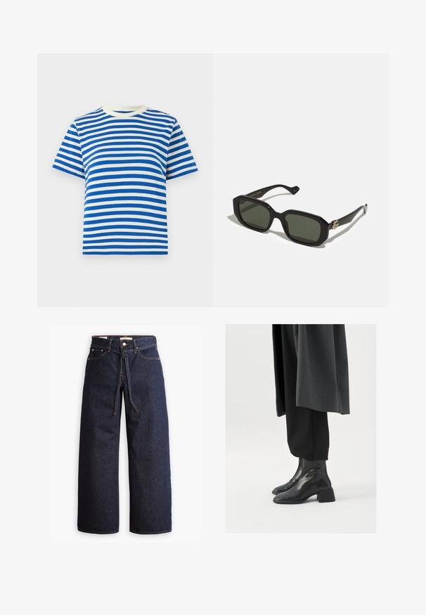 Blue and white striped t-shirt, short sleeves, round neck, made of cotton, featuring even horizontal stripes and a soft texture.; Wide-leg dark blue denim jeans with a high waist, featuring a drawstring tie, five pockets, and contrasting stitching details.; Black leather ankle boots with a square toe and chunky heel, worn with loose black trousers and a dark gray coat. Smooth surface texture.; Black rectangular sunglasses with solid green lenses, featuring a glossy finish and a gold logo accent on the side.