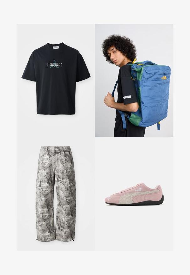 Melna kokvilnas T-kreklu ar apaļu kakla izgriezumu, ar tirkīza grafisko dizainu un tekstu priekšpusē. Īsas piedurknes un brīvs piegriezums.; Pelēkās kamuflāžas bikses, izgatavotas no teksturēta auduma. Iespējas ietver sānu kabatas un elastīgu apakšmalu pie piedurknēm.; Rozā zamšādas sporta apavi ar pelēkiem akcentiem, plūstošs dizains, teksturēta virsma un melna gumijas zole. Sānos redzama Puma emblēma.; Zils un zaļš mugursoma ar strukturētu dizainu, ar priekšējo rāvējslēdzēju, regulējamām siksnām un dzelteniem akcentiem. Izturīga auduma tekstūra.