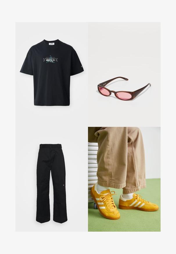 Melna kokvilnas T-kreklu ar apaļu kakla izgriezumu, ar tirkīza grafisko dizainu un tekstu priekšpusē. Īsas piedurknes un brīvs piegriezums.; Melnas platās bikses ar gludu tekstūru, ar parastu jostu un mazu izšūtu logo netālu no labās kājas.; Dzelteni zamšas kedšus ar baltām svītrām, ar gumijas zoli, auduma saitēm un mīkstu apkaklīti, kopā ar beigu kokvilnas biksēm.; Brūnu tonētu saulesbrilles ar slaidu, izstieptu ovālu formu. Rāmji izgatavoti no spīdīgas plastmasas; lēcas ir rozā ar vieglu izliekumu.