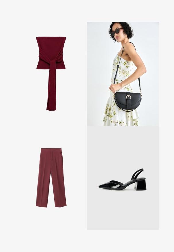 Bordo top s prilagođenim korzetom, nabrane detalje na stranama i dugačak, vezani aksesor na struku. Glatki, rastezljivi materijal.; Bordo široke hlače od glatkog materijala, s bočnim džepovima i visokim strukom. Krojene s urednim prednjim pregibom.; Crne lakirane kožne sandale s otvorenom petom i špicastim vrhom, s geometrijskom blok petom. Imaju elegantan, minimalistički dizajn i glatku teksturu.; Crna kožna torba s lukovitim oblikom, odvojivim remenom i zlatnim detaljima. Torba ima preklop s kopčom.