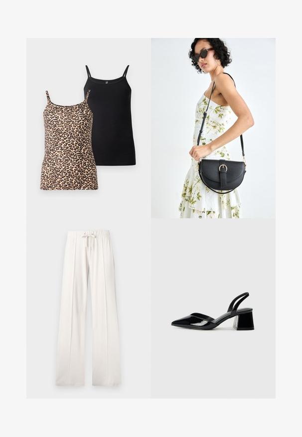 Two tank tops: one in leopard print with thin straps; the other in solid black with a smooth texture and similar strap design.; Light beige sweatpants made of soft fabric, featuring a drawstring waist, wide legs, and vertical seams, with a smooth texture.; Black patent leather slingback heels with a pointed toe and a geometric block heel. Features a sleek, minimal design and smooth texture.; Black leather handbag with a curved shape, detachable strap, and gold hardware. The bag features a flap with a buckle detail.