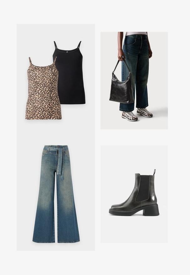 Két ujjatlan póló: az egyik leopárdmintás, vékony pántokkal; a másik egyszínű fekete, sima textúrával és hasonló pántkialakítással.; Bőszárú farmernadrág, világos és sötétkék árnyalatokkal, magas derekú, övgyűrűkkel és a nadrággal megegyező anyagú övvel. Textúrált farmer kivitel.; Fekete bőr bokacsizmák sima felülettel, rugalmas oldalsó panelekkel és vastag sarkakkal. Jellemzőjük egy húzófül, amely megkönnyíti a felvételt.; Fekete bőr válltáska sima textúrával és állítható pánttal, melyet elnyűtt, bő szárú farmernadrággal és sportcipőkkel párosítottak.