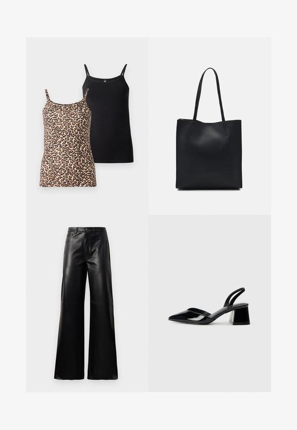 Dva majice bez rukava: jedna s leopard uzorkom i tankim naramenicama; druga u jednobojnoj crnoj boji s glatkom teksturom i sličnim dizajnom naramenica.; Crne visoke široke hlače od umjetne kože s prednjim gumbom, zatvaranjem na zip, petljama za pojas i bočnim džepovima na bijeloj pozadini.; Crne lakirane kožne sandale s otvorenom petom i špicastim vrhom, s geometrijskom blok petom. Imaju elegantan, minimalistički dizajn i glatku teksturu.; Crna kožna torba za nošenje s glatkom teksturom, pravokutnim oblikom i dvije duge ručke. Nema vidljivih metalnih dijelova ili ukrasa.
