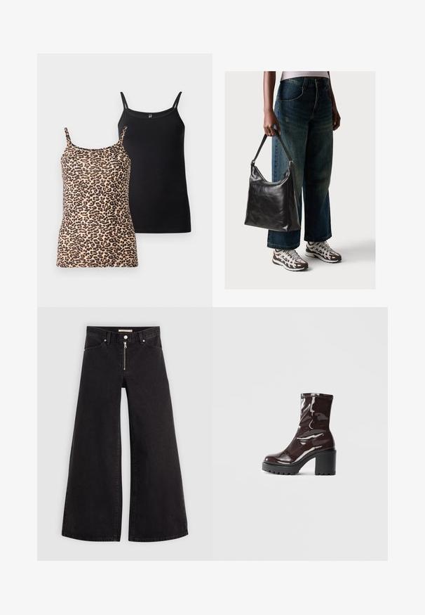 Dvi marškiniai be rankovių: vieni su leopardų raštu ir plonomis petnešomis; kiti - vienspalviai juodi, su lygia tekstūra ir panašaus dizaino petnešomis.; Plačios kojų džinsai iš juodo džinsinio audinio su užtrauktuku priekyje, penkių kišenių dizainu ir subtiliais siuvinėjimo akcentais. Lygus paviršius ir laisvalaikio stilius.; Blizgus burgundių spalvos kulknapis su tankiu juodu kulnu, pasižymintis lygiu paviršiumi ir paprastu dizainu. Nėra matomų užsegimų ar raštų.; Juodas odinis peties krepšys su lygiu paviršiumi ir reguliuojama dirželiu, derinamas su nublukusiais plačiapurčiais džinsais ir sportiniais batais.