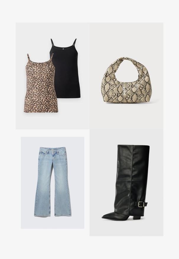 Zwei Tanktops: eines mit Leopardenmuster und dünnen Trägern; das andere in schwarzer einfarbiger Ausführung mit glatter Textur und ähnlichem Trägerdesign.; Weekday NOVA - Jeans Slim Fit - lip blue; Schwarze Lederstiefeletten in Knöchellänge mit spitzem Zehenbereich, glatter Oberfläche und silberner Schnallenakzent an der Seite. Massiver, quadratischer Absatz.; Schlangenmuster-Tasche mit einem gebogenen Griff. Hergestellt aus strukturierten, beige- und braunfarbenen Materialien, die ein markantes Diamantmuster aufweisen.