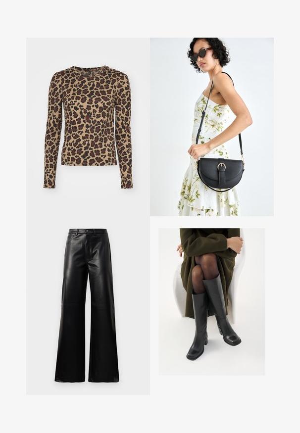 Langermet topp i beige med et leopardmønster som har brune og svarte flekker. Rund halslinie og tettsittende design. Myk stofftekstur.; Sorte høy midje vide ben bukser i imitert skinn med knapp foran, glidelås, beltehemper og sidelommer på hvit bakgrunn.; Knæhøye sorte lærstøvler med firkantet tå og blokkhelt, vist med en modell som sitter iført en olivengrønn kåpe. Glatt tekstur, minimal detaljering.; Svart lærveske med en buet form, avtagbar stropp og gullbeslag. Vesken har et klaff med spenne-detall.