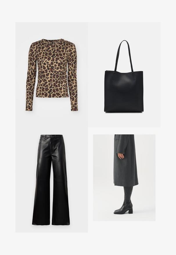 Dlhý rukáv, béžový vrch s potlačou leopardieho vzoru, ktorý obsahuje hnedé a čierne škvrny. Okrúhly výstrih a priliehavý strih. Mäkká textúra látky.; Čierne vysokopriestené široké nohavice z umelého kože s predným gombíkom, zipsom, pútkami na opasok a bočnými vreckami na bielom pozadí.; Sivý, strihovo upravený kabát so rovnými líniami; doplnený o čierne kožené čižmy po kolená s štvorcovou špičkou a robustným podpätkom.; Čierna kožená taška na rameno s hladkým povrchom, obdĺžnikovým tvarom a dvoma dlhými uchami. Bez viditeľného kovania alebo ozdôb.