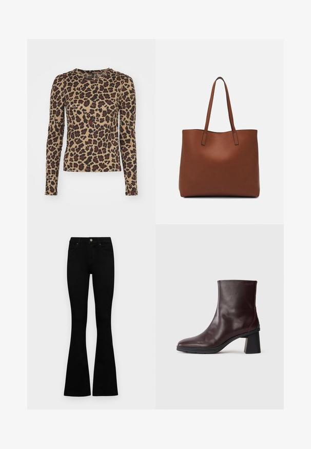 Lange mouw top in beige met een luipaardprintpatroon met bruine en zwarte vlekken. Ronde halslijn en aansluitend ontwerp. Zachte stoftextuur.; Zwarte hoge taille jeans met een knoop- en ritssluiting, voorzakken en een flared pijp, plat gelegd op een witte achtergrond.; Donkerbruin leren enkellaarsje met een blokhak en ronde neus, weergegeven op een effen lichtgrijze achtergrond.; Bruine leren tote bag met een gladde textuur, een ontwerp met een open bovenkant en twee schouderbanden. Kenmerkt zich door minimale stiksels en geen zichtbare hardware.