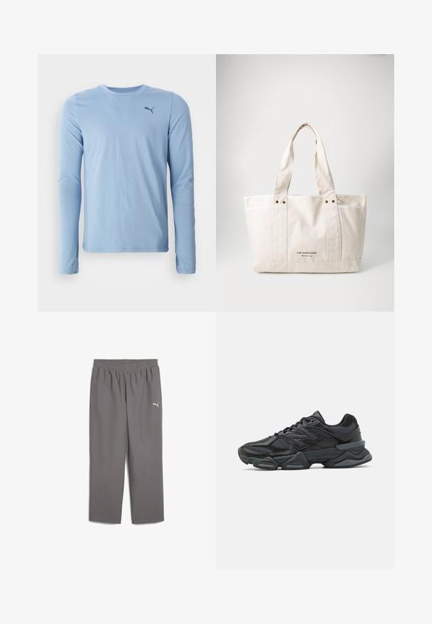 Světle modrá košile s dlouhým rukávem vyrobená z měkkého a elastického materiálu. Má kulatý výstřih a malé tmavé logo na levé straně hrudníku.; Šedé sportovní kalhoty s elastickým pasem, vyrobené z lehkého materiálu. Obsahují malé bílé logo na levé nohavici.; Černá běžecká bota s kombinací síťoviny a syntetických materiálů, masivní podešev, zakřivený design a výrazné logo na boku.; Plátěná taška v světlé béžové barvě s dvěma pevnými uchy, kontrastním bílým lemem a logem "THE NORTH FACE" v černé barvě na přední straně.
