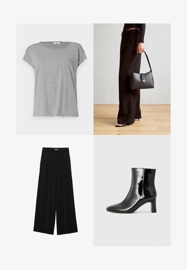 T-shirt cinza de manga curta feita de tecido macio. Apresenta um decote redondo e um pequeno bolso no peito. Design simples, sem padrões ou estampas.; Calças largas pretas com um tecido texturizado, uma cintura elástica e um laço destacável na cintura para um ajuste ajustável.; Botim de tornozelo em pele sintética preta com bico apontado e salto bloco de altura média. Textura suave e design minimalista.; Bolsa preta com forma estruturada, textura suave e um fecho metálico. Combinada com calças largas pretas e sandálias de salto aberto sobre um chão de madeira.