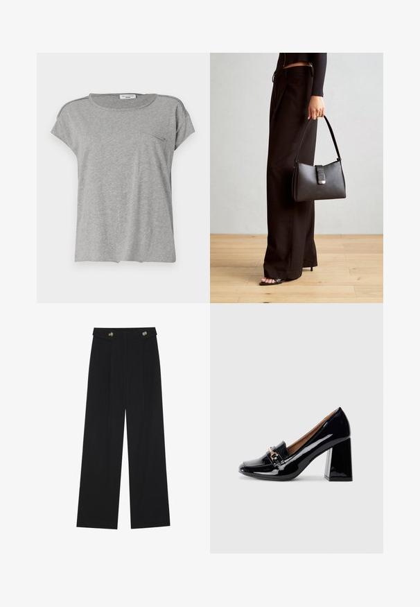Siva majica s kratkimi rokavi iz mehkega materiala. Ima okrogel ovratnik in majhen žep na prsih. Enostaven dizajn brez vzorcev ali potiskov.; Črne široke hlače s visokim pasom, gumbnimi detajli na pasu in sprednjimi gubami.; Črne patent usnjene čeveljce s peto, ošiljenim nosom in blok peto. Imajo dekorativno zanko in zaponko na sprednjem delu.; Črna torbica z strukturirano obliko, gladko teksturo in kovinskim zaponko. Ujemajo se z širokimi črnimi hlačami in odprtimi sandali na lesenem tleh.
