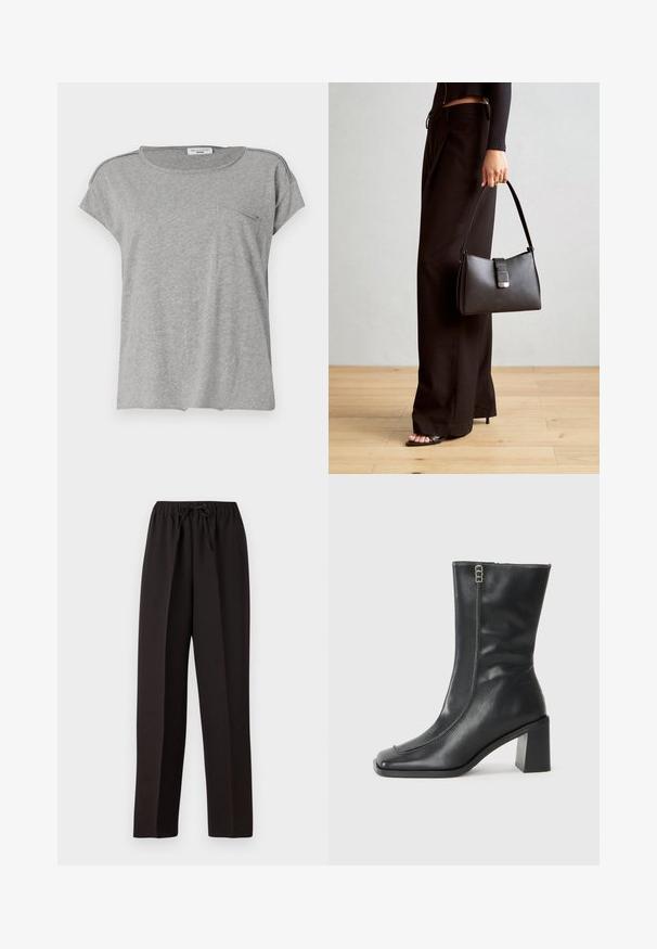 T-shirt cinza de manga curta feita de tecido macio. Apresenta um decote redondo e um pequeno bolso no peito. Design simples, sem padrões ou estampas.; Calças largas e pretas, com um cós elástico e cordão ajustável. Feitas de um tecido liso e leve, sem padrões visíveis.; Bota de tornozelo em couro preto com bico quadrado, fecho lateral com zip e salto quadrado e robusto. Apresenta costura em contraste ao longo da costura frontal.; Bolsa preta com forma estruturada, textura suave e um fecho metálico. Combinada com calças largas pretas e sandálias de salto aberto sobre um chão de madeira.
