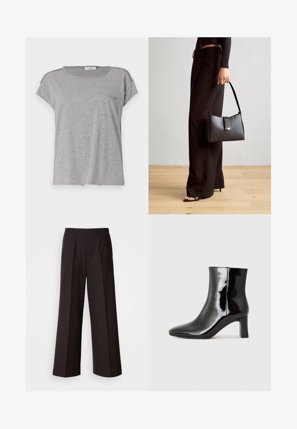 Pilkas trumpas rankovėmis marškinėliai, pagaminti iš minkštos medžiagos. Su apvalia iškirpte ir mažomis krūtinės kišenėmis. Paprastas dizainas be raštų ar spaudinių.; Juodos plačios kojos kelnės su lygiu priekine dalimi, raukiniais ir švelnia medžiagos tekstūra. Yra aukštas liemuo ir pritaikytas kirpimas, užtikrinantis struktūrizuotą prigludimą.; Juodos lakuotos odinės aulinukės su smailiu pirštu ir vidutinio aukščio blokuotu kulnu. Lygus paviršius ir minimalistinis dizainas.; Juodas rankinė struktūrizuota forma, lygi tekstūra ir metalinis užsegimas. Suporuota su plačiomis juodomis kelnėmis ir atvirais bateliais ant medinių grindų.