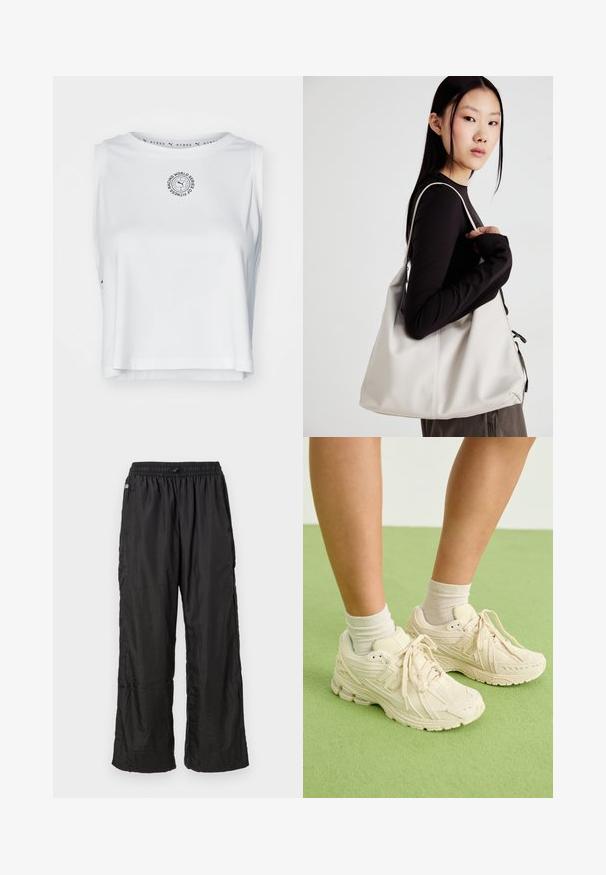 White crop top made of smooth, breathable fabric. Features a round neck, sleeveless design, and a circular logo in black on the front.; Black lightweight nylon track pants with elastic waistband and loose straight-leg fit, displayed against a plain white background.; Light tan sneakers feature textured fabric, rounded toe, and a cushioned sole. Worn with beige ankle socks on a green surface.; Beige handbag made of soft material, featuring a slouchy design, stitched detailing, and two shoulder straps. Suitable for everyday use.
