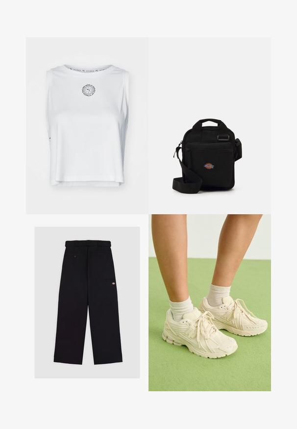 White crop top made of smooth, breathable fabric. Features a round neck, sleeveless design, and a circular logo in black on the front.; Black trousers made from fabric with a smooth texture. Features a straight leg design, a belt loop waist, and multiple pockets.; Light tan sneakers feature textured fabric, rounded toe, and a cushioned sole. Worn with beige ankle socks on a green surface.; Black crossbody bag with a zippered pocket, rectangular shape, made of fabric, featuring a logo patch on the front, adjustable shoulder strap.