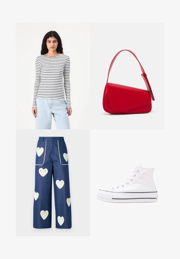 Langermet topp i ribbestrikket stoff, med horisontale svart og hvite striper. Rund halslinning med en tettsittende silhuett. Uformell stil.; Sister Jane HEART TO HEART - Jeans straight leg - blue denim; Hvit høy-skinn kanvas sneakers med svart gummisåle, gummitåhette foran og seks hull for snorer, med et rent, minimalistisk design.; Rød lærveske med en vinklet, geometrisk design. Har en enkelt justerbar stropp og en klaffelukking med sydd detaljer.