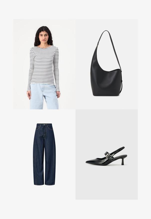 Langermet topp i ribbestrikket stoff, med horisontale svart og hvite striper. Rund halslinning med en tettsittende silhuett. Uformell stil.; Vidde ben denimbukser i mørkeblå med snøring i livet, kontraststing, og to framne lommer. Glatt tekstur, avslappet passform.; Svarte patent lær slingback hæler med spiss tå og en liten blokkheel, med en sølvspenne som detalj på stroppen.; Svart lær hobo-veske med glatt tekstur, buet form og enkelt justerbart stropp; har en bred åpning på toppen.