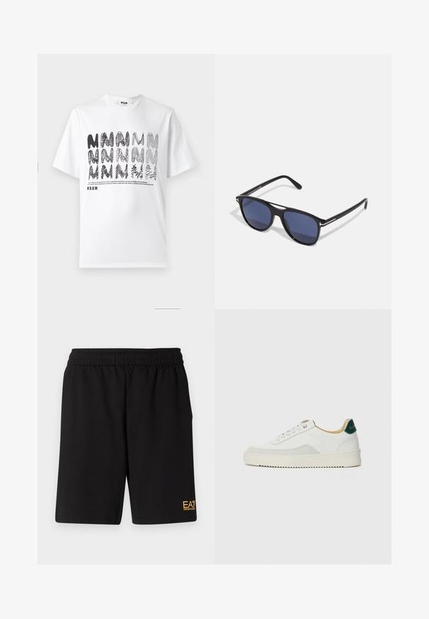 T-shirt bianco in cotone con varie lettere "N" stilizzate in diversi modelli e forme, con scollo rotondo e maniche corte.; Pantaloni sportivi neri realizzati in tessuto morbido, con vita elastica e un piccolo logo EA7 giallo sulla parte bassa della gamba sinistra.; Sneaker bianco con accenti in camoscio, punta rotonda, lacci piatti e suola in gomma crema. Presenta un marchio verde sul tallone.; Occhiali da sole con montatura in plastica nera, lenti azzurre, forma leggermente arrotondata e dettagli metallici argento sulle aste.