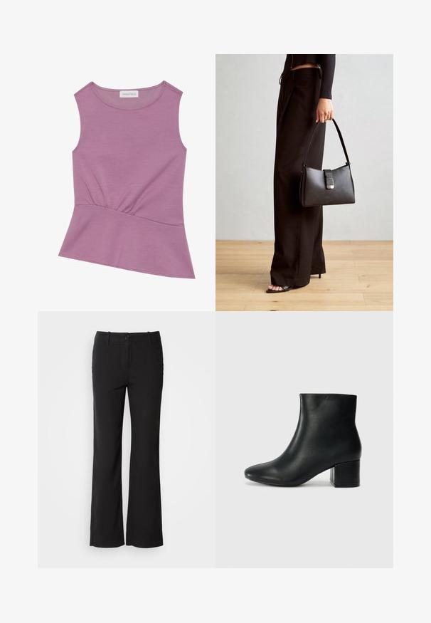 Hihaton lilakankaan paita pyöreällä pääntiellä ja rypytetyllä yksityiskohdalla vyötäröllä, levenee hieman helmaan.; Mustat puuvillasekoitetekstiilit, jossa on suora lahje, etunappi kiinnitys ja kaksi sivutaskua. Sileä rakenne, ei näkyviä kuvioita.; Musta nahkasaappaat nilkkapituudella, jossa on terävä kärki ja paksu korko. Silkkinen pinta, jossa on minimaaliset yksityiskohdat ja tyylikäs, istuva muotoilu.; Musta käsilaukku, jossa on rakenteellinen muoto, sileä pinta ja metallinen solki. Yhdistetty leveisiin mustiin housuihin ja avonaiheisiin sandaaleihin puulattialla.
