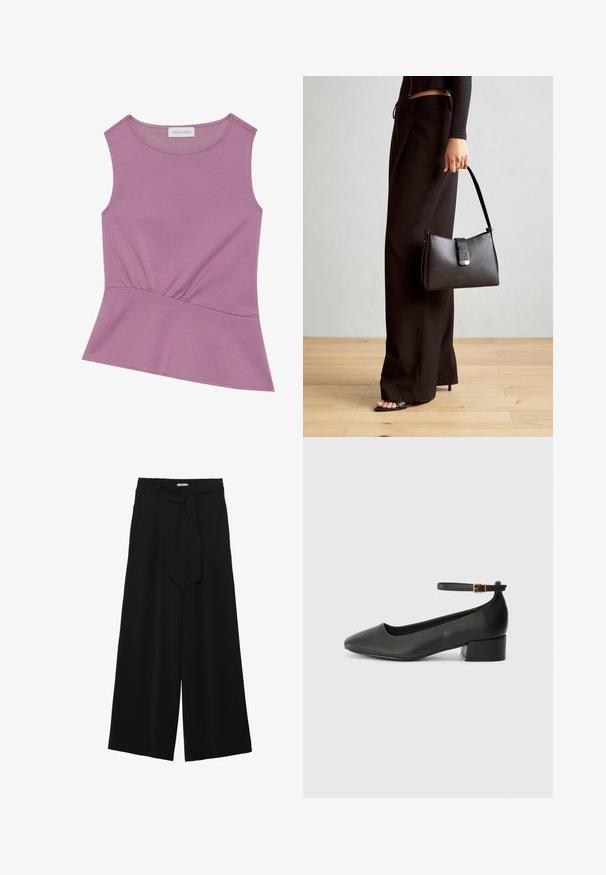 Sleeveless lilac top with round neckline and gathered detail at the waist, flaring slightly at the hem.; Black wide-leg pants featuring a textured fabric, an elastic waistband, and a detachable sash tie at the waist for adjustable fit.; Black leather pump with a pointed toe and a low block heel. Features an ankle strap with a gold-tone buckle. Smooth texture.; Black handbag with structured shape, smooth texture, and a metallic clasp. Paired with wide black pants and open-toe sandals on wooden floor.