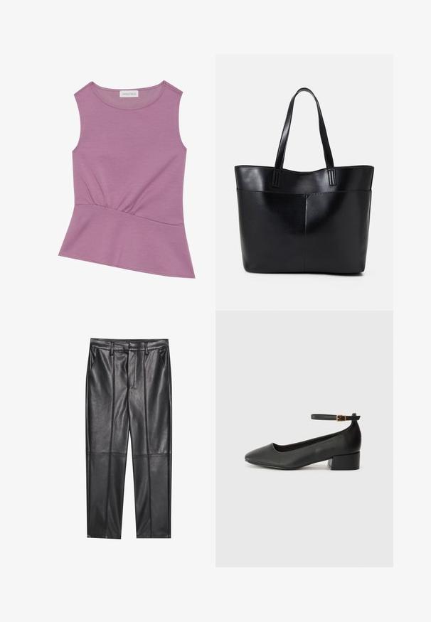 Sleeveless lilac top with round neckline and gathered detail at the waist, flaring slightly at the hem.; Black leather trousers with a smooth texture, featuring a straight fit, two front pockets, and visible seam detailing.; Black leather pump with a pointed toe and a low block heel. Features an ankle strap with a gold-tone buckle. Smooth texture.; Black leather tote bag with two long handles, a smooth texture, and a structured shape. Features a front pocket for additional storage.