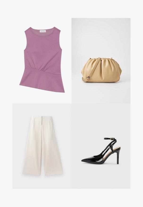 Ärmelloses lila Oberteil mit Rundhalsausschnitt und Raffung an der Taille, das am Saum leicht ausgestellt ist.; Beige weite Hose aus glattem Stoff, mit hoher Taille, seitlichen Taschen und einem klaren, minimalistischen Design.; Schwarze Patentleder-High-Heel-Slingback-Pumps mit spitzem Zeh, verstellbarem Knöchelriemen und offenen Seiten. Glatte Textur.; Tasch in hellbraunem Leder mit gefälteltem Design, verstellbarem Tragegurt und runder Form. Minimalistische Markenkennzeichnung auf der Vorderfläche.