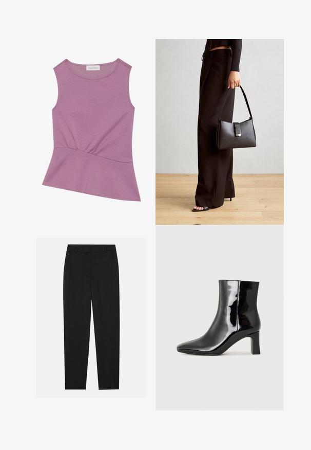 Haut lilas sans manches avec décolleté rond et détail froncé à la taille, s'évasant légèrement à l'ourlet.; Pantalon noir au design ajusté, doté de poches latérales et d'une jambe droite. Fabriqué en tissu lisse et léger avec une finition élégante.; Bottines en cuir verni noir avec un bout pointu et un talon block de hauteur moyenne. Texture lisse et design minimaliste.; Sac à main noir à la forme structurée, texture lisse et fermoir métallique. Associé à un pantalon noir ample et des sandales ouvertes sur un sol en bois.