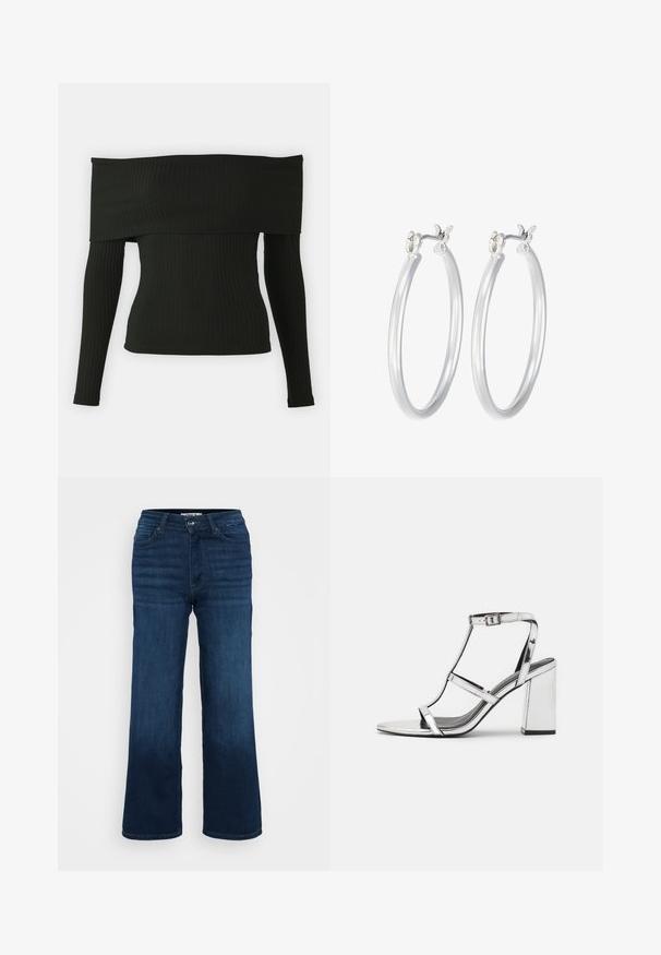 ONLY Petite ONLEMMY czarny; ONLY Petite ONLMADISON WIDE ciemnoniebieski; Srebrna metaliczna sandał na obcasie z designem T-strap, regulowanym zapięciem na kostkę i blokowym obcasem, z gładką, odbijającą powierzchnią.; Srebrne kolczyki w formie kółek o gładkim, polerowanym wykończeniu. O okrągłym kształcie i pewnym zapięciu na klik. Lekka konstrukcja odpowiednia do codziennego noszenia.