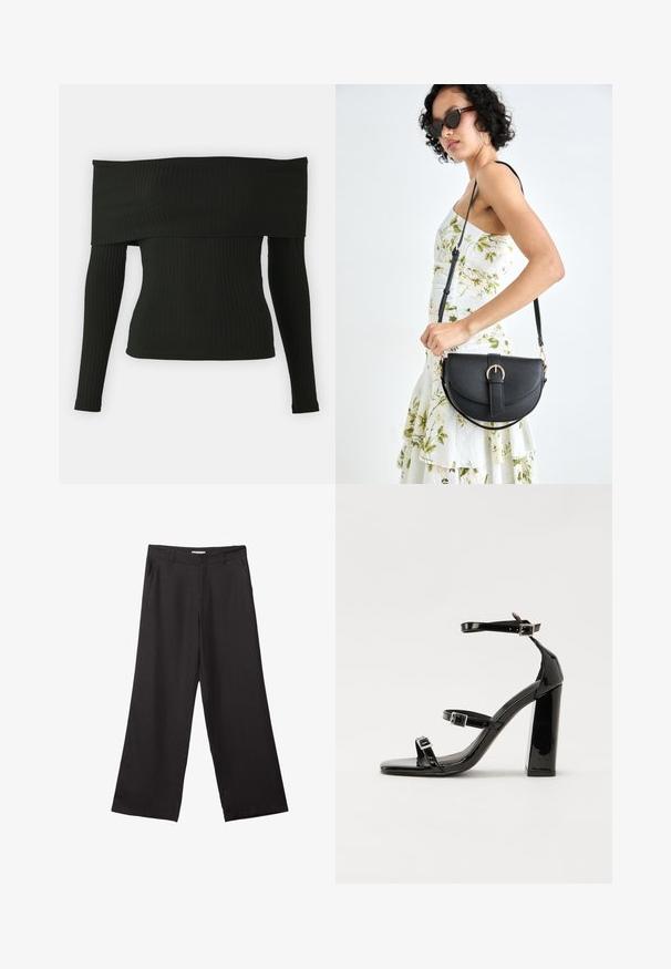 ONLY Petite ONLEMMY OFF SHOULDER - Langarmshirt - black; Schwarze weite Hosen aus glattem Stoff, mit einem Reißverschluss vorne und zwei seitlichen Taschen, maßgeschneiderter Passform und minimalistischem Design.; Schwarze patentierte Sandalen mit Absatz, quadratischer Spitze, Knöchelriemen und silbernen Schnallen. Mit einem stabilen Blockabsatz für mehr Stabilität.; Schwarze Lederhandtasche mit geschwungener Form, abnehmbarem Tragegurt und goldenen Beschlägen. Die Tasche verfügt über einen Deckel mit einer Schnallen-Details.