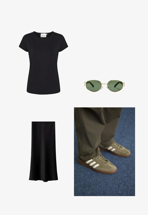 T-shirt nero a maniche corte realizzato in morbido cotone. Presenta un collo a giro e una vestibilità aderente. Nessun motivo o dettaglio aggiuntivo.; Gonna midi nera realizzata in tessuto liscio e leggero. Presenta una linea dritta, senza componenti visibili e un design semplice senza fantasie.; Sneaker in suede verde con tre strisce bianche, suola in gomma marrone e lacci texturizzati, abbinati a pantaloni verde oliva su un tappeto blu.; Occhiali da sole con montatura dorata e lenti verdi, forma ovale, stanghette nere e naselli trasparenti. Design pulito e minimalista.