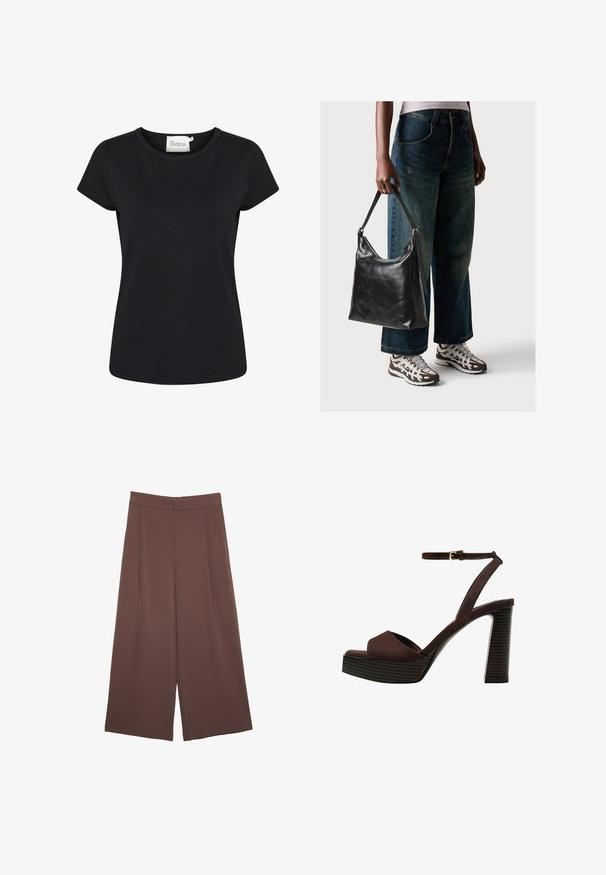 Čierne tričko s krátkym rukávom vyrobené z hladkej bavlnenej látky. Má okrúhly výstrih a priliehavý strih. Bez vzorov alebo ďalších detailov.; Hnedé nohavice so širokými nohavicami a hladkou textúrou, s vysokým pásom a prednými skladmi. Tkanina je ľahká a voľne sa pohybuje.; Hnedé semišové sandále na vysokom podpätku s otvorenou špičkou, nastaviteľným členkovým remienkom a pruhovanou platformovou podrážkou.; Čierna kožená taška cez rameno s hladkou textúrou a nastaviteľným popruhom, skombinovaná s vyblednutými širokými džínsy a športovými teniskami.