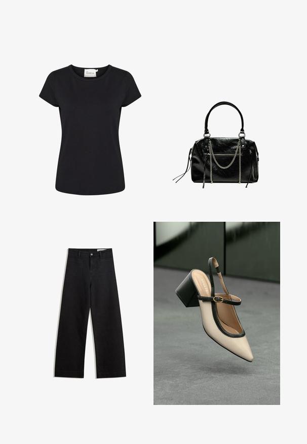 Sort kortærmet t-shirt lavet af glat bomuldsstof. Har en rund halsudskæring og en tætsiddende pasform. Ingen mønstre eller yderligere detaljer.; Sorte wide-leg denim bukser med høj talje, der har front- og baglommer, syede sømme og en knaplukning. Glat tekstur.; Beige spids tå slingback sko med sort kant, guld spænde og en chunky blokhæl på grå gulv med mørkegrøn baggrund.; Bershka WITH CHAIN - Håndtasker - black
