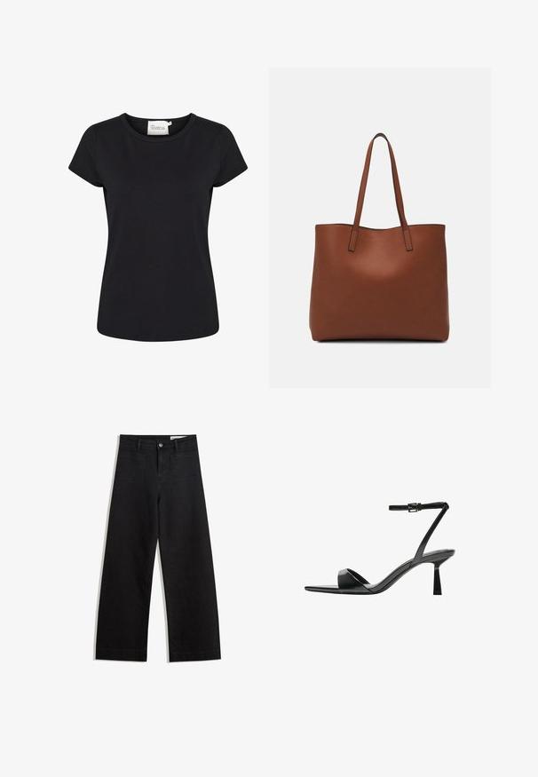 Čierne tričko s krátkym rukávom vyrobené z hladkej bavlnenej látky. Má okrúhly výstrih a priliehavý strih. Bez vzorov alebo ďalších detailov.; Čierne denimové nohavice s širokými nohavicami a vysokým pásom, so prednými a zadnými vreckami, šitými švami a zapínaním na gombík. Hladká textúra.; Bershka Sandále na vysokom opätku - black; Hnedá kožená taška na rameno s hladkou textúrou, otvoreným vrchom a dvoma ramenými popruhmi. Má minimálne šitia a žiadne viditeľné kovania.