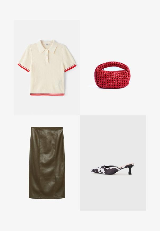 sandro RESILLE MINI RAYURES - Poloshirts - ecru; Oliven grøn pencil skirt i faux læder med en glat tekstur, knælængde, der har lodrette sømme for et skræddersyet look.; Spidse slingback hæle i sort og hvid ko-print design. Stofoverdel med en tekstureret finish og en slank sort hæl.; Rød vævet håndtaske med et afrundet topgreb og lynlås, der har et tekstureret, sammenflettet mønster på et blødt, fleksibelt materiale.