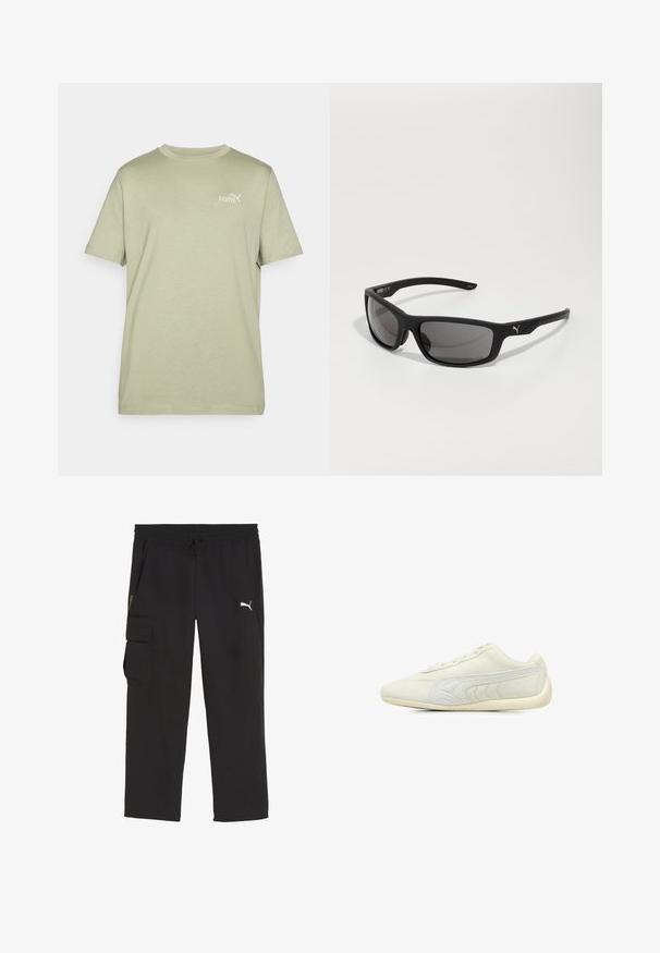 T-shirt verde oliva con collo rotondo e maniche corte. Presenta un piccolo logo bianco Puma sul petto. Realizzato in tessuto morbido e leggero.; Pantaloni cargo neri con elastico in vita e coulisse. Presentano tasche laterali e un piccolo logo sulla gamba sinistra. Materiale leggero.; Scarpa sportiva grigia chiara realizzata in suede, caratterizzata da una superficie liscia, punta rotonda, design minimalista, chiusura con lacci e accenti laterali testurizzati.; Occhiali da sole neri con finitura opaca, lenti rettangolari e un accento con logo prominente sulla tempia. Lenti polarizzate, protezione UV.