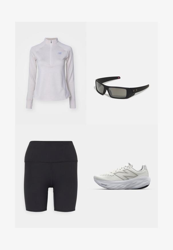 Šviesiai pilkas ilgomis rankovėmis ketvirčio užtrauktuku užsegamas megztinis su subtiliomis juostelėmis, minkšta tekstūra ir mažu logotipu krūtinėje. Turi priglundančias rankoves.; Juodos sportinės šortai, pagaminti iš tamprios medžiagos, su aukštu juosmeniu, lygia tekstūra ir be matomų raštų ar detalių.; Baliniai sportiniai bateliai su tinklinio viršumi, turintys paminkštintą apykaklę, tekstūruotą padas ir "Fresh Foam" prekės ženklo logotipą ant vidurio pado.; Juodi akiniai saulės su matinio paviršiaus užbaigimu, stačiakampiai lęšiai, švelnus lenkimas ant šventyklų, subtilus logotipo detalizavimas ir dūminiai lęšiai.