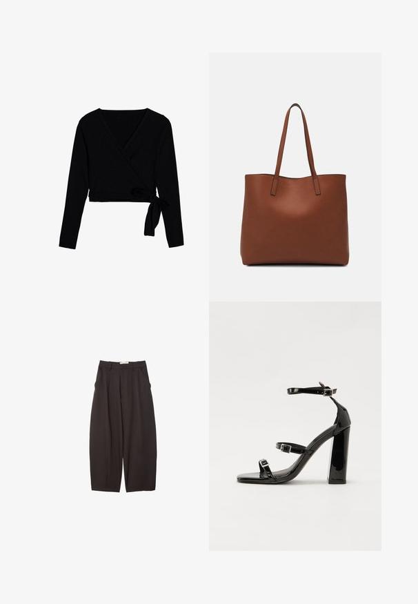 Crni dugosustavni wrap top izrađen od mekog materijala, s V-izrezom, skraćenom dužinom i čvorom sa strane za zatvaranje.; Crne široke hlače napravljene od glatke tkanine, s visokim strukom, prednjim nabranjima i bočnim džepovima. Jednostavan dizajn bez ukrasa.; Crne lakirane sandale na visoku petu s dva remena s kopčama, kvadratnim vrhom i masivnom blok petom, s glatkom, sjajnom teksturom.; Smeđa kožna torba preko ramena s glatkom teksturom, otvorenim vrhom i dvjema naramenicama. Ima minimalne šavove i nema vidljivog hardvera.