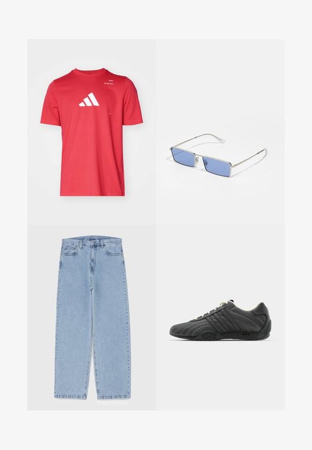 adidas Performance PADEL CAT GRAPHIC TEE - Sports T-shirts - semi lucid red; Lyseblå denimjeans med straight leg-design, der har en mid-rise talje, fem lommer og en lukning med knap og lynlås.; adidas Originals ADIRACER UNISEX - Sneakers - core black/cream white; Metal solbriller med rektangulær form, blåtonede linser og sølvfarvet stel. Har næsepuder og tynde, lige stænger.